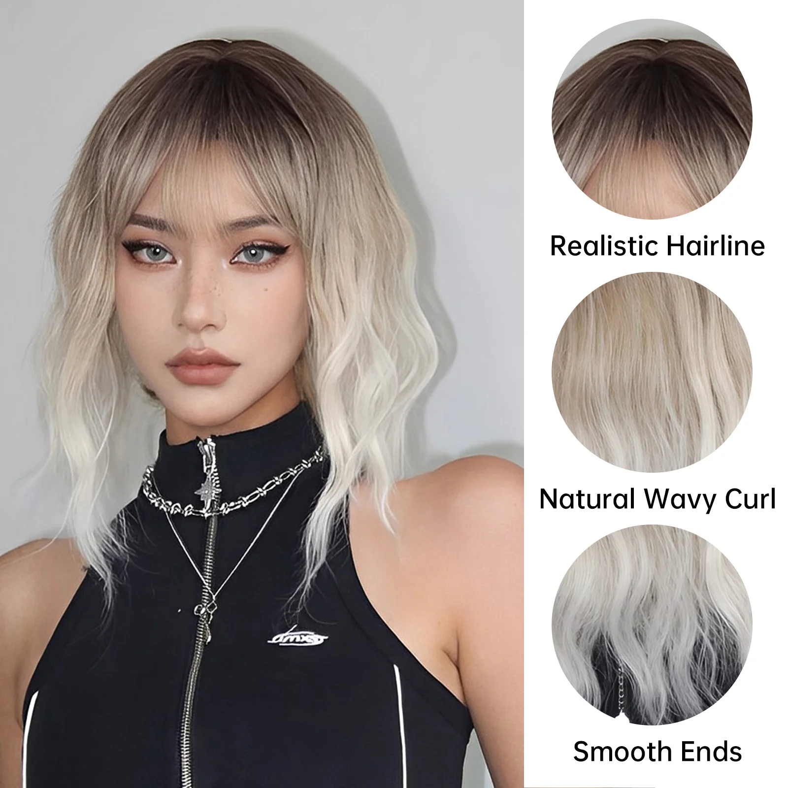 HAIRCUBE Krótkie faliste syntetyczne peruki Bobo z grzywką dla kobiet Ombre Brązowe blond Białe peruki Żaroodporne codzienne włosy Cosplay