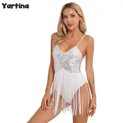 Womens Fringed Bodysuit V Neck Tassel Leotard Jumpsuit Latin Dance Performance Costume Cross Back Ballet Lyrical Dance Costumes