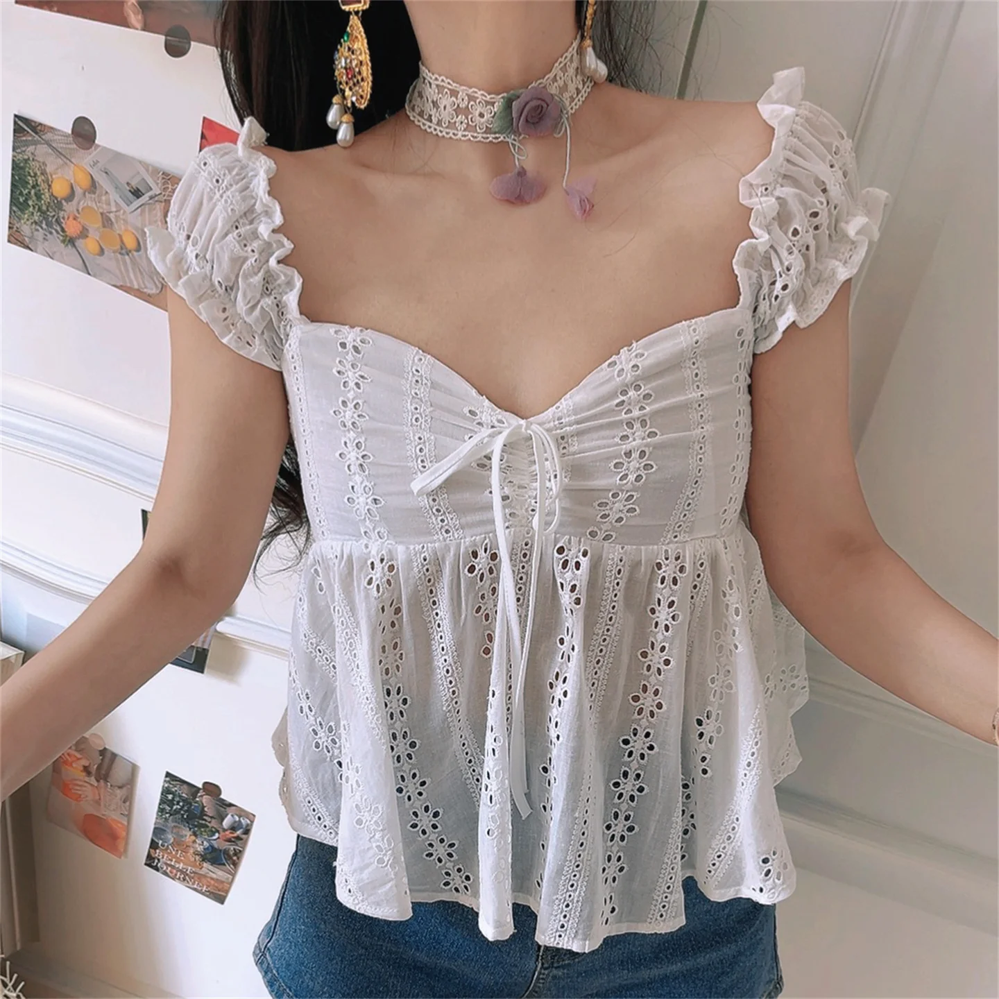 

Блузка женская летняя в французском стиле с вышивкой, из хлопка, белая, свободного кроя, дышащая, приятная к телу, с коротким рукавом