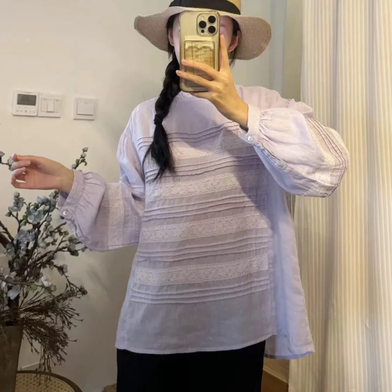 

Johnature New Women Linen Shirt 2025 Spring Summer New Accordion Pleats Ruffles Loose Solid Color Simple Casual Women Blouses
