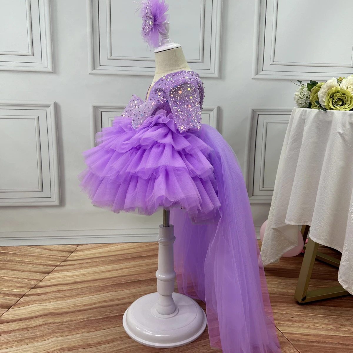 Light luxury girl dragging high -end wine party evening dress flower girl wedding lace puff cake skirt special occasion girl dre