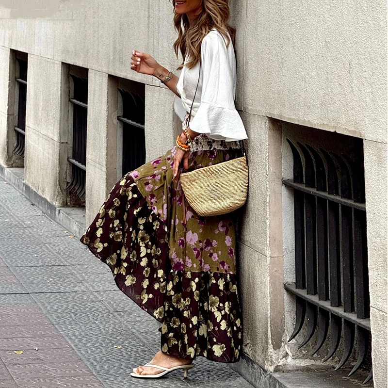 Vintage Pattern Printed Pleated Half Skirt Spring Summer Vacation Loose Long Skirt Elastic High Waist Hem Bohemian Women's Skirt