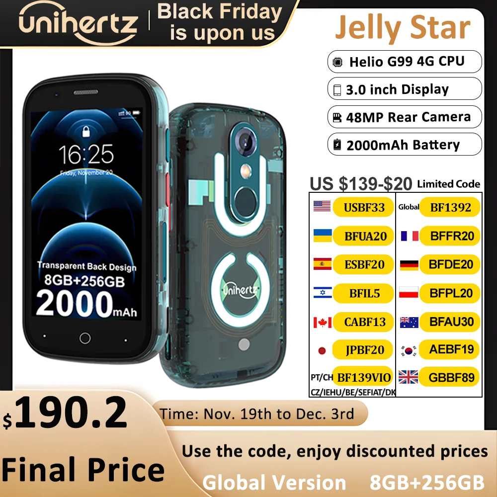 Unihertz Jelly Star Mini Smartphone Android 13 8 GB 256 GB LED-Licht entsperrt transparente Backshell-Handys 48 MP 3-Zoll-Telefon