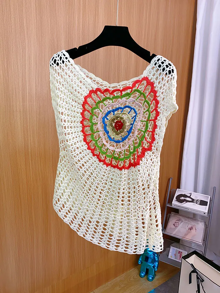 

Handmade Irregular Hollow Out Flower Women Top 2024 Summer Vacation Beach Wear