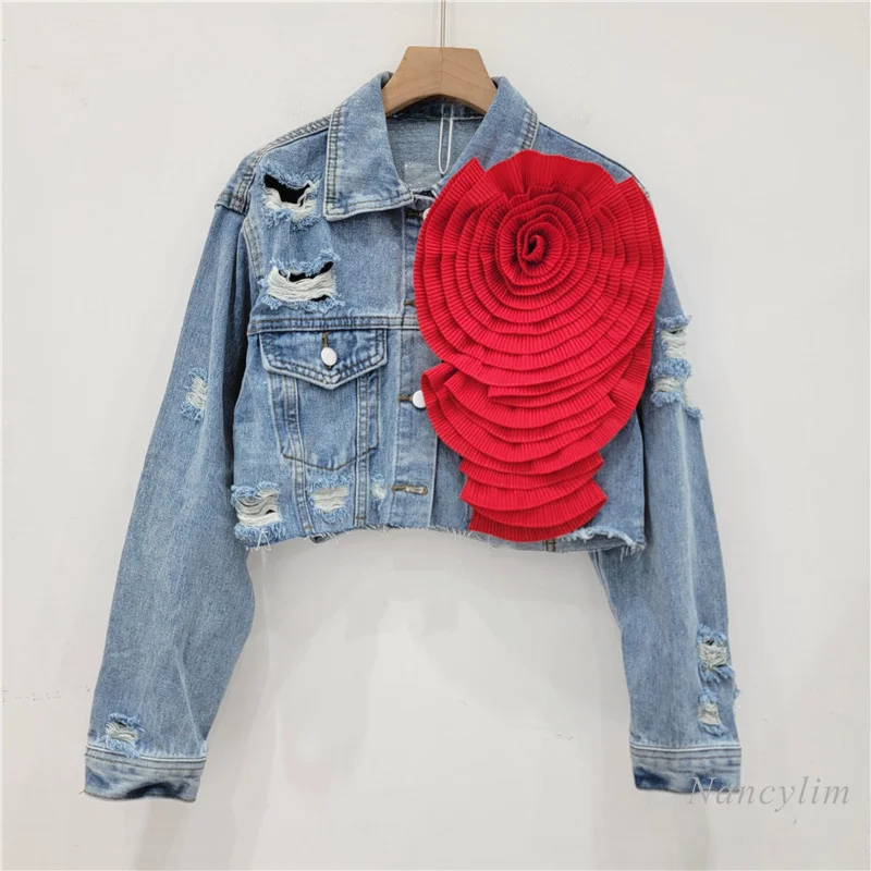 Fashion Tie-Dye Pink Ripped Cool Three-Dimensional Flower Design Short Denim Coat Female Fashionable Jacket Street Jackets