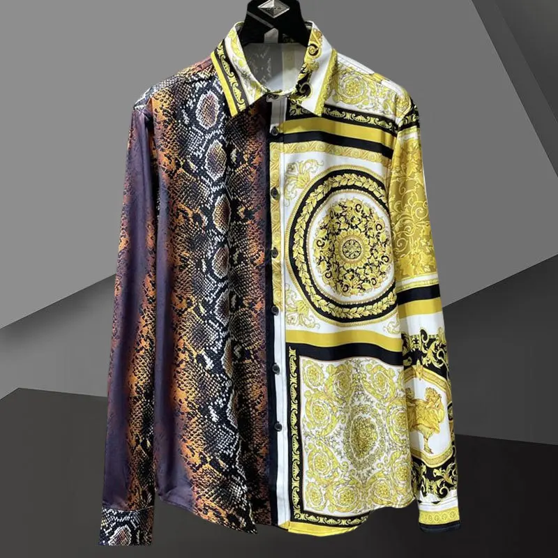 Spring Gold Snake Stitching Printing Dress Shirt Luxury Baroque Long Sleeve Black Gold Palace Shirt Flower Social Slim Shirt Men