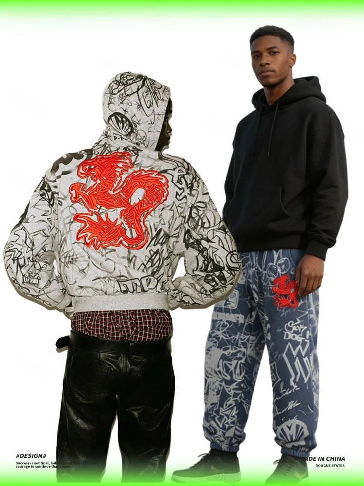 Mowalola American Style Graffiti Red Dragon Embroidery Hoodie Sweatpants Streetwear Set Unisex Long Sleeve Casual Sportswear