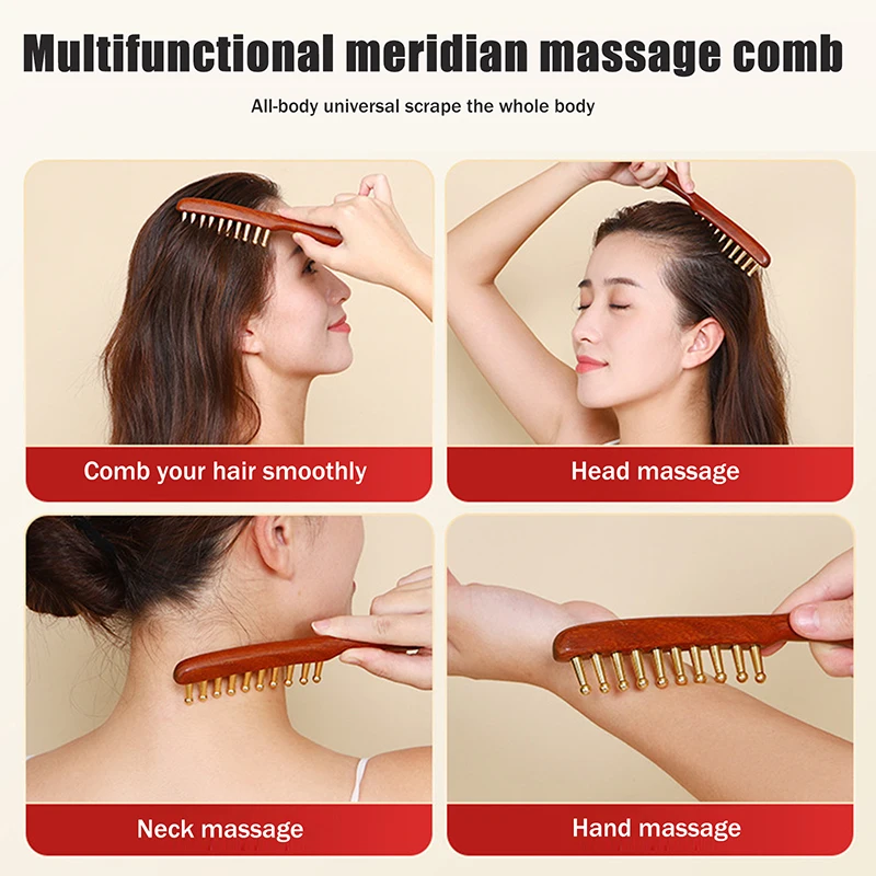 10-الأسنان النحاس والخشب مدلك مشط لعلاج ميريديان الرأس والاسترخاء خشب الصندل الذهبي كشط جواشا مقبض طويل