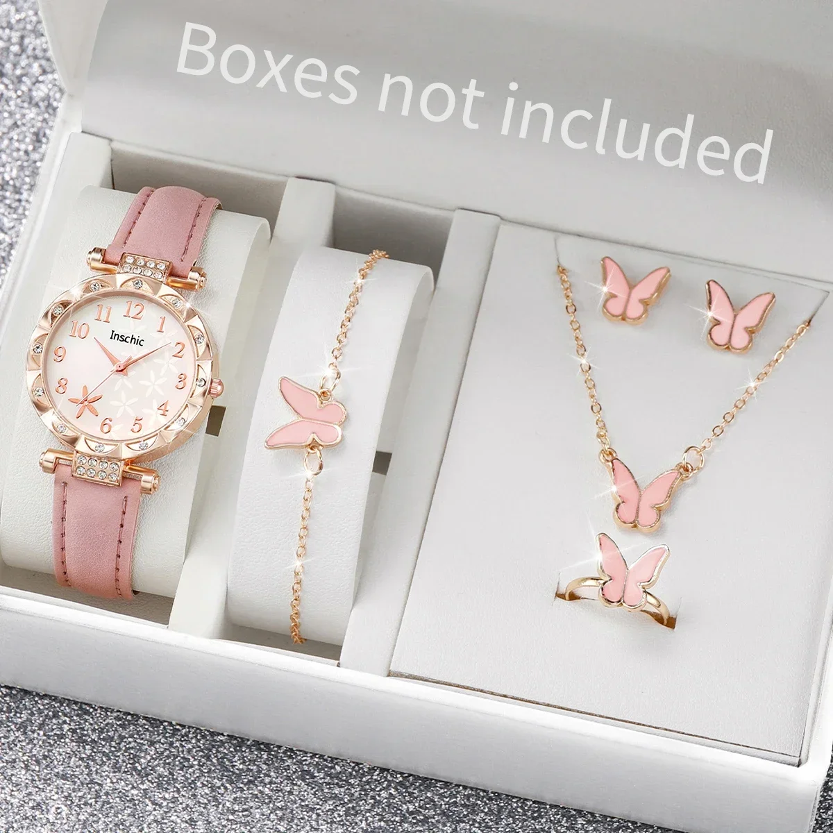 

6PCS/Set Women's Watch Fashion Flowers Leather Band Analog Quartz Watches Butterfly Jewelr Set（Without Box）