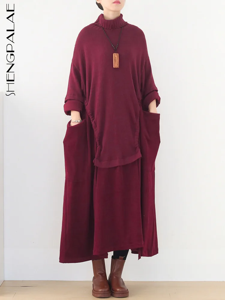 SHENGPALAE Big Pockets Draw String Design Red Dress Long Sleeve Turtleneck Loose Women Dresses 2024 Autumn New Tide 5C1535