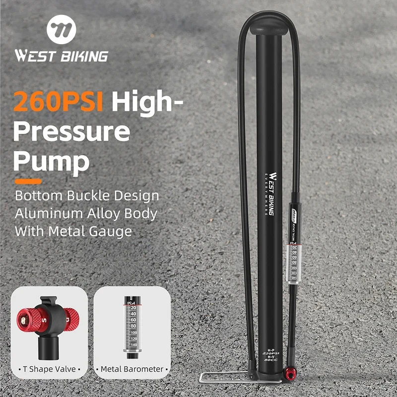 

WEST BIKING 260PSI Bicycle Pump With Metal Gauge MTB Road Bike Pump Schrader Presta Valve E-Bike Motorcycle Tire Inflator