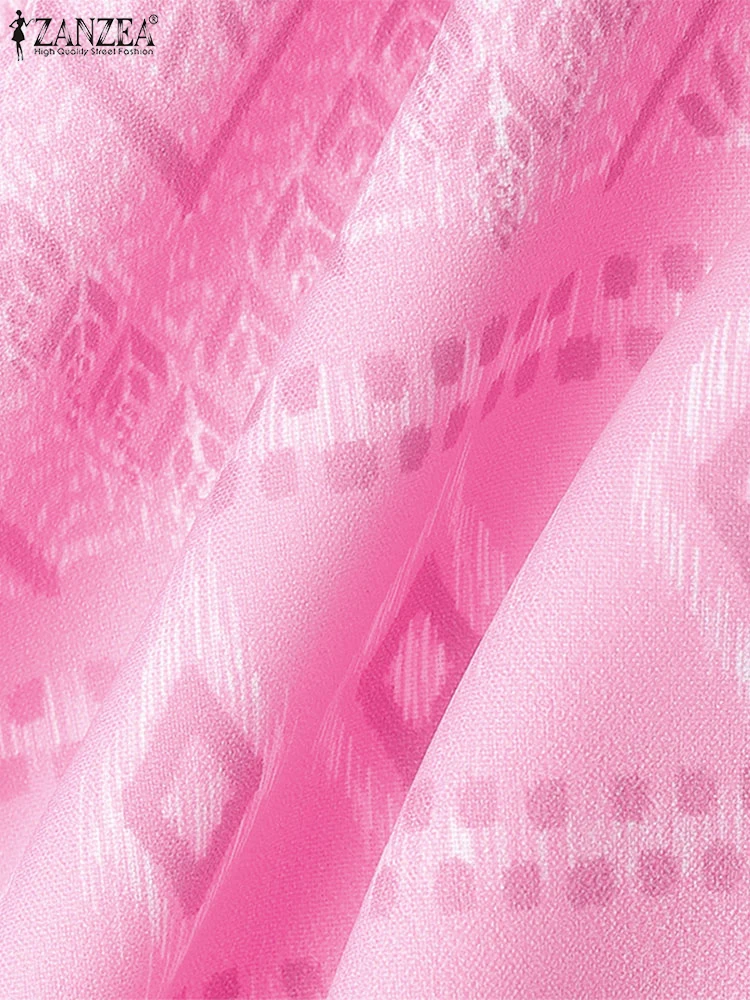 Vrouwen Boheemse Geometrische Print Patchwork Knielange Jurken ZANZEA Vintage Stand Kraag Korte Mouw Getailleerde A-lijn Gewaden Femme