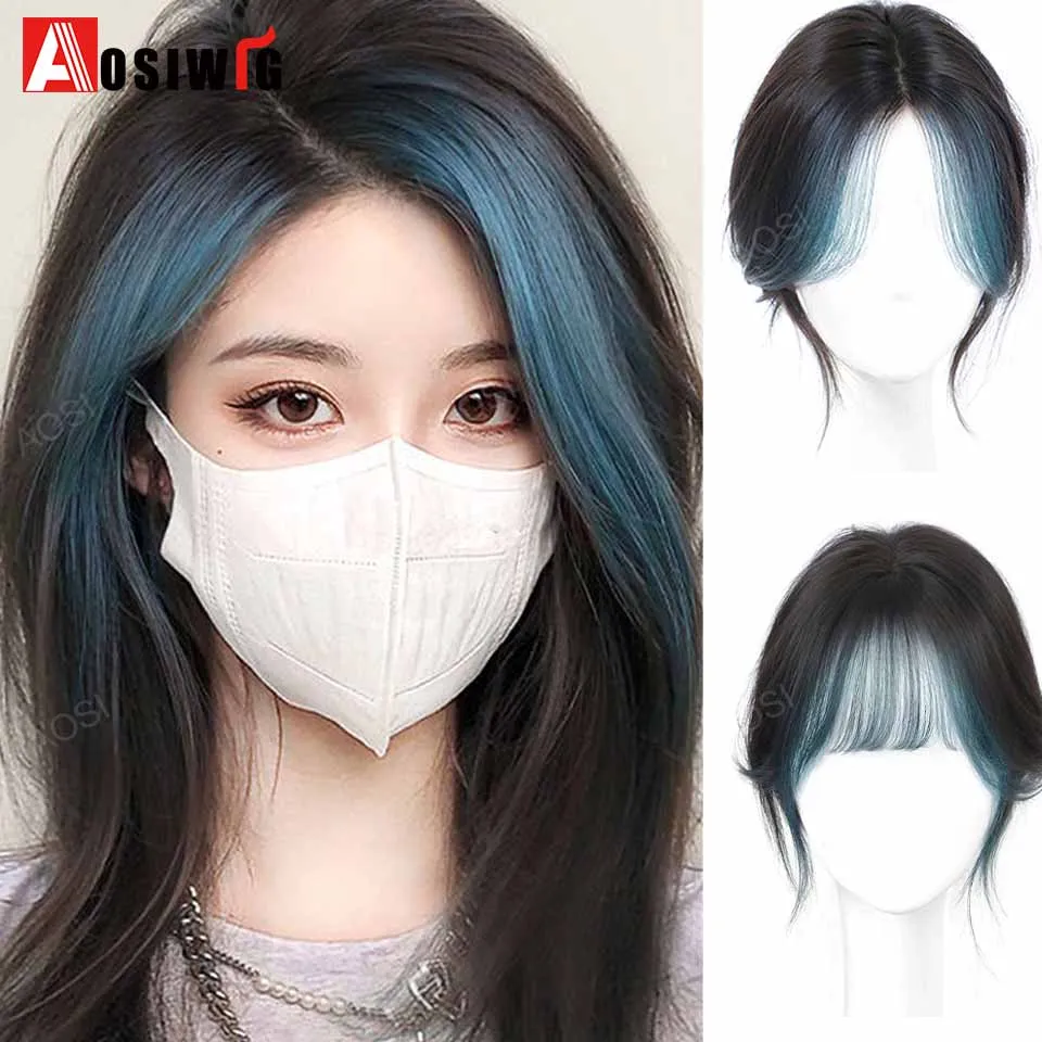 

Synthetic Topper Hairpiece Highlighted Blue Pink Bangs Middle Straight Bangs Covering White Hair Closure Invisible Hairpieces