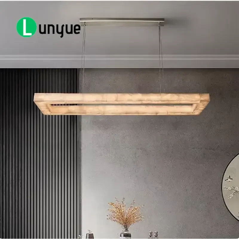 Modern Rectangle Alabaster Chandelier Natural Stone LED Luxury Pendant Light for Villa Restaurant Living Room Home Decor