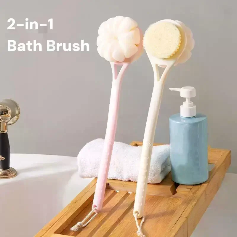 Double Sided Long Handle Bath Brush With Nylon Bristles And Mesh Puff For Shower Exfoliating Back Scrubbing