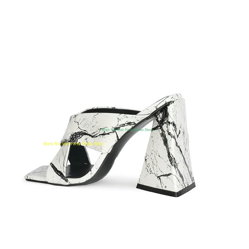 Sexy Woman Marbling Print Square High Heel Sandals Slippers Square Toe Female Summer Slip On Mules Sandal Shoes