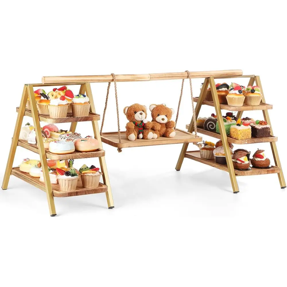 

3-х уровневая подставка для кексов с поворотным дизайном Подставка для торта Большая подставка для стола для еды в пустыне Металлический каркас Деревянная основа для десертов