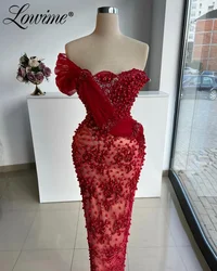 2025 Aso Ebi Crystals Beaded Floor Length Evening Gowns Red Prom Dress Arabic Party Second Reception Birthday Engagement Gowns