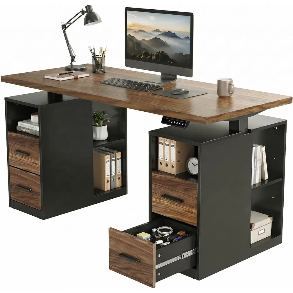 

55 Executive Electric Adjustable Height Desk, Storage & Computer Workstation, Home Office, Black Walnut