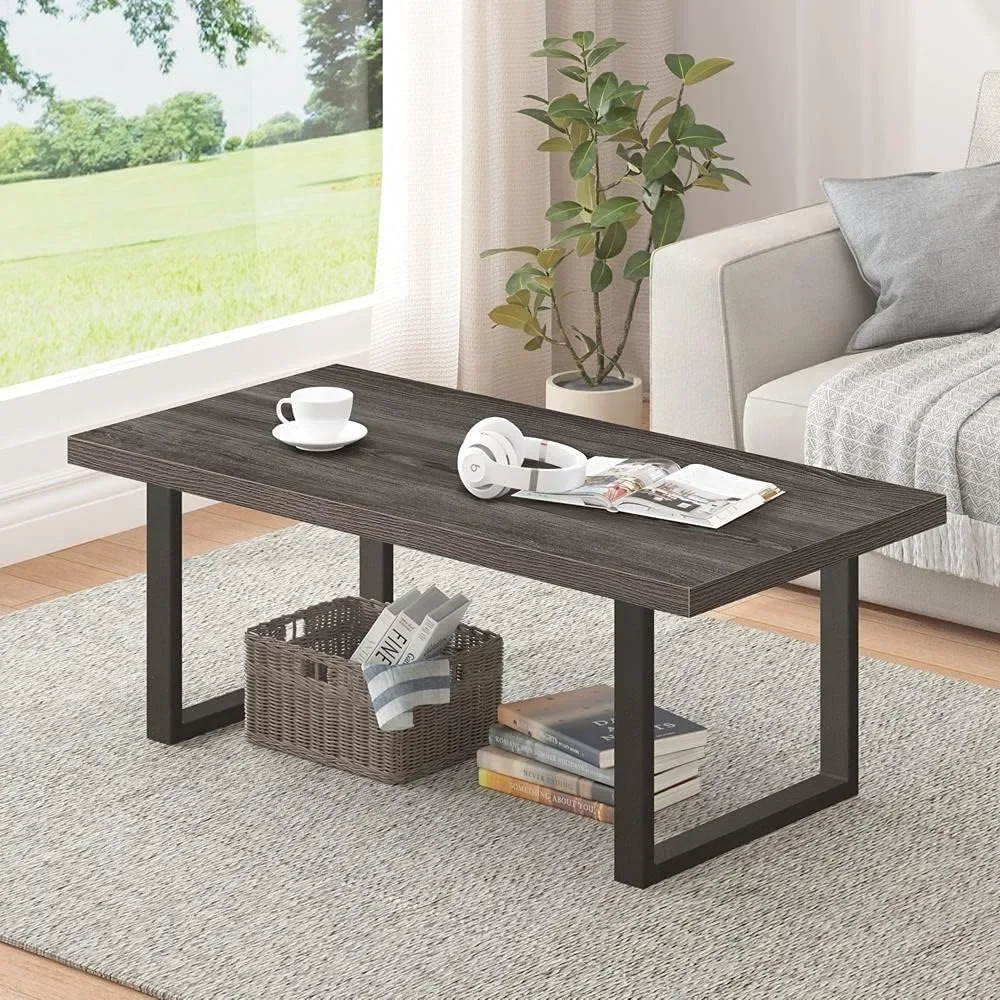 

Rustic Coffee Table, Wood and Metal Simple Industrial Modern Center Table, Wooden Farmhouse Cocktail Table for Living Room