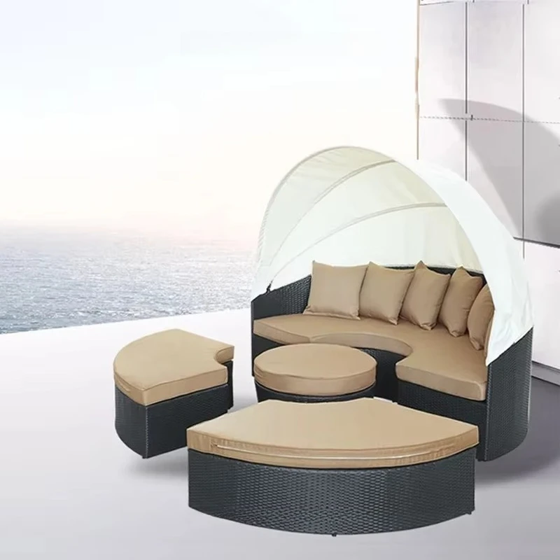 Comfortable Outdoor Round Lounge Bed with Sunshade Canopy and Side Tables