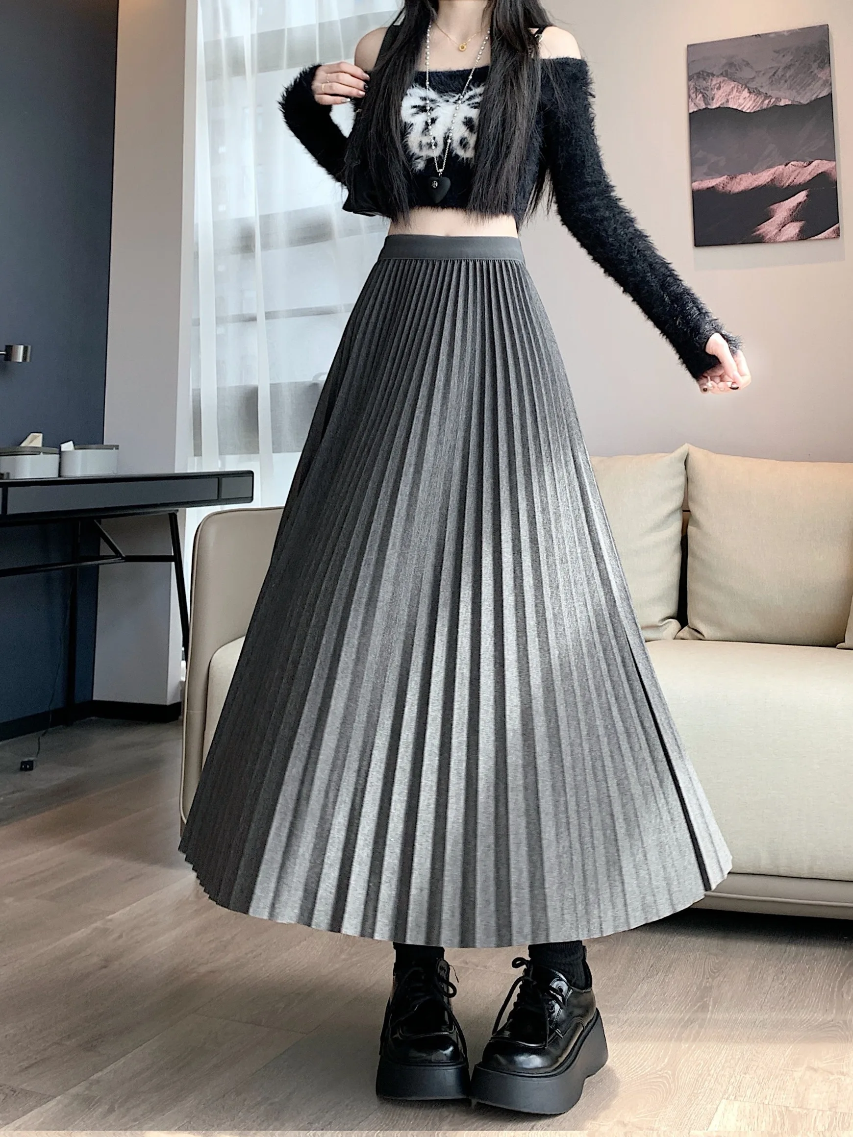 plus Size Korean Style High Waist Pure Color A-Line Midi Skirt Slimming Drapey Versatile Pleated Skirt for plus Size Women