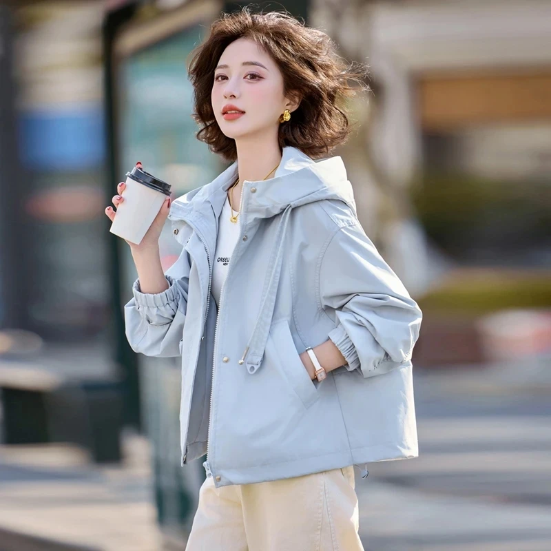 Paars windjack dames korte jas nieuwe lente herfst high-end rits capuchon vrouwelijke casual wilde losse geul uitloper