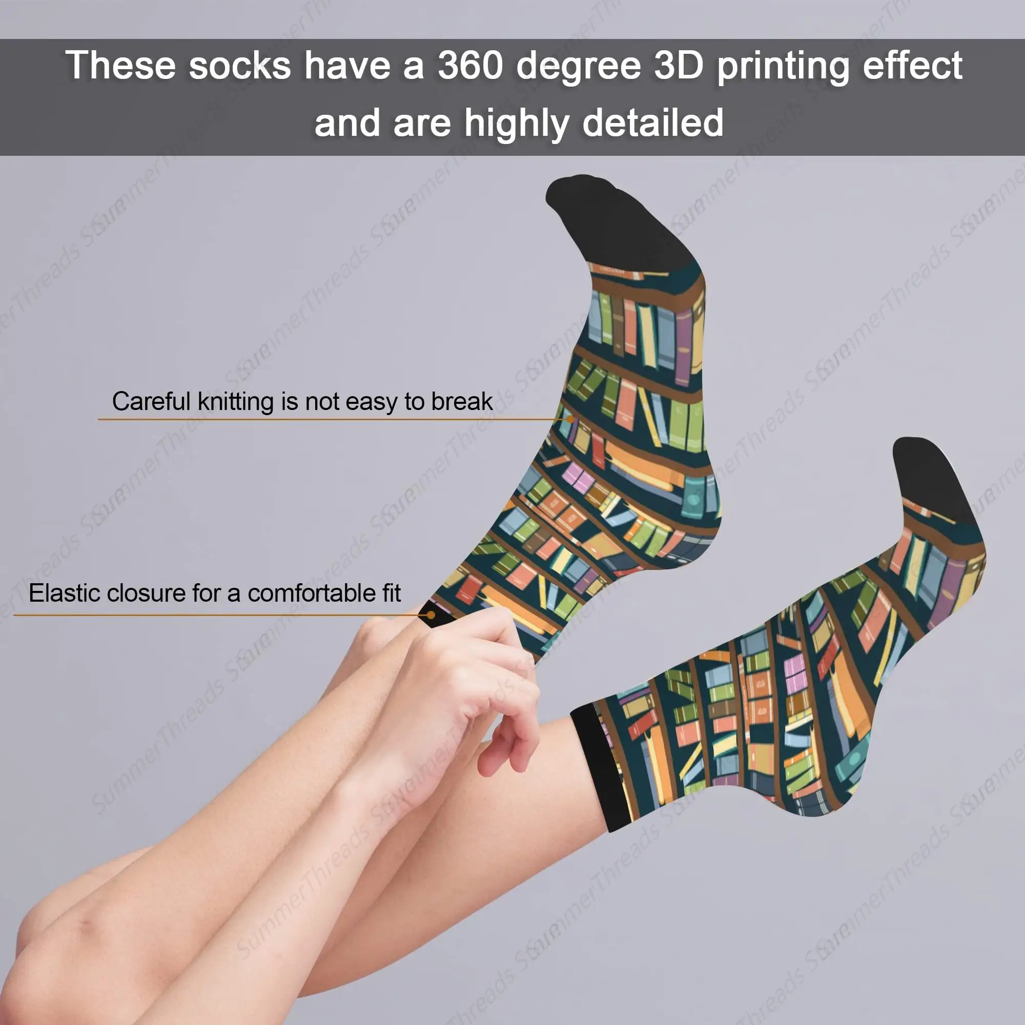 Bookshelves Funny Socks,Book Socks Funny Crazy Socks Gift for Boys/Girls Unisex Novelty Casual Crew Socks（15-16）