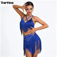 Traje de Baile Latino para Mujer, Salsa, Chachachá, Tango, Top Corto con Cuello en V y Espalda Cruzada con Flecos y Falda con Borlas en Capas