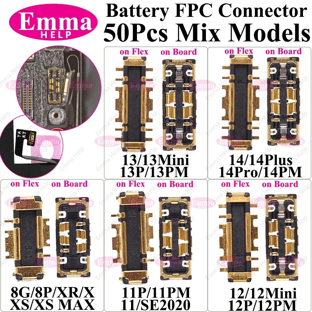 EmmaHelp 10-50pcs Battery FPC connector For iphone 8 Plus  X 11 Pro Max 12 13 14 15 on Board  Flex Clip Plug Flex Cable Parts