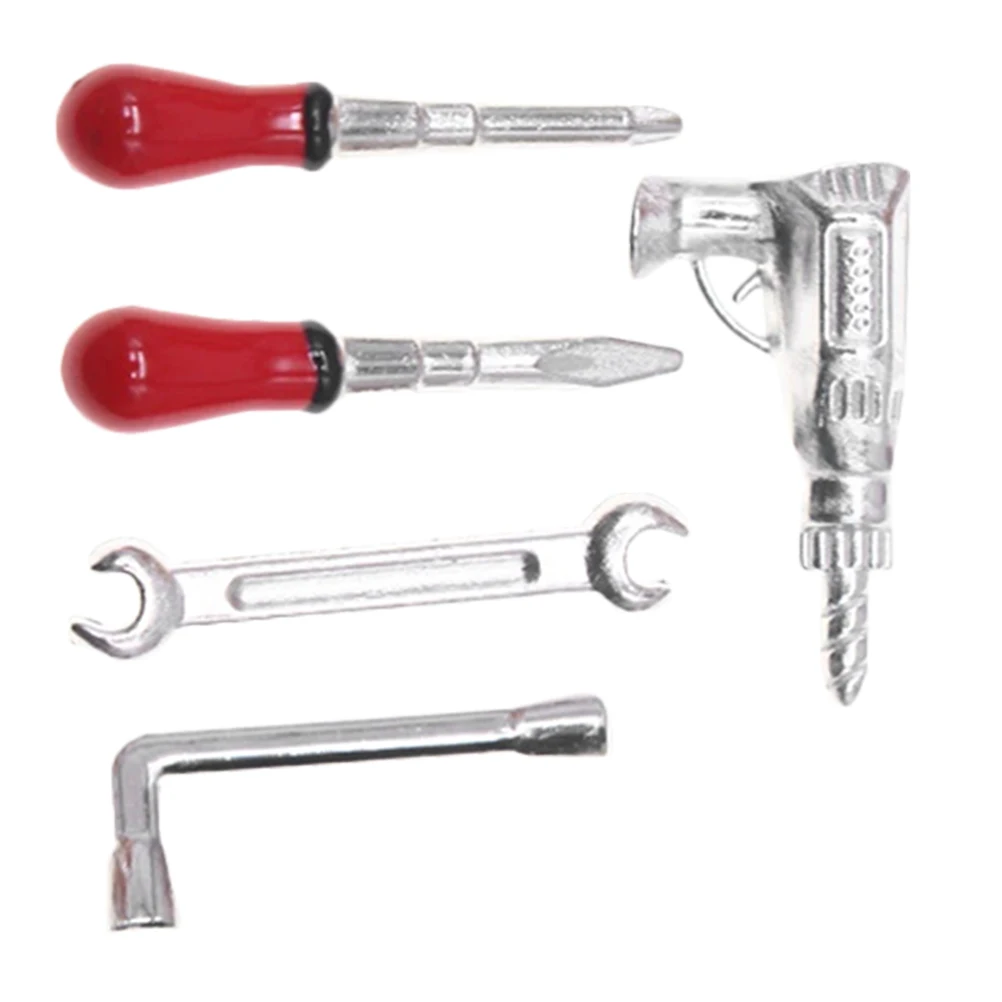 

5pcs Kids Pretend Play Realistic Miniature Tool Set Dollhouse Repair 1/12 Scale Electric Drill Screwdriver Wrench Pretend Play