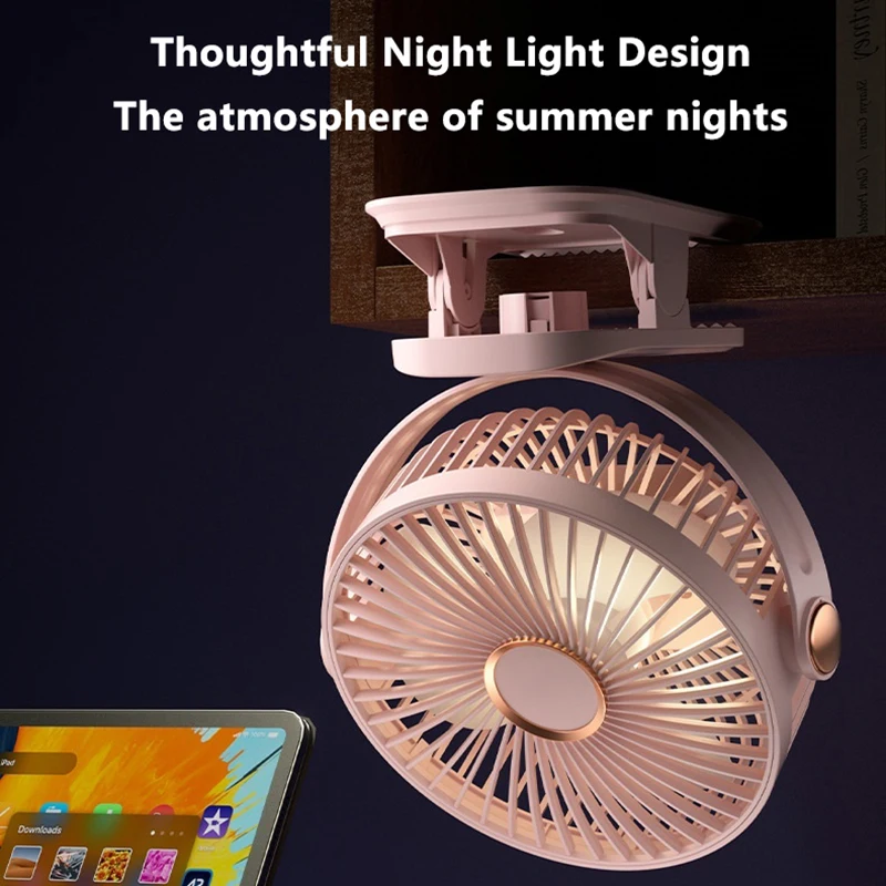Mini ventilatore portatile con clip Ventilatore elettrico da tavolo silenzioso USB ricaricabile per la casa Campeggio Ufficio Ventilatore da soffitto wireless Luce notturna a LED