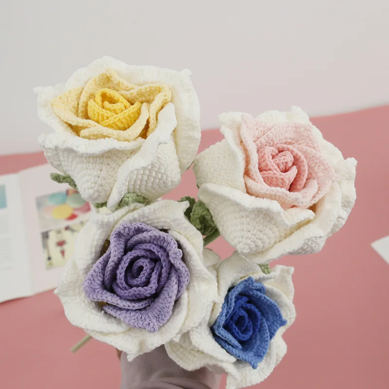 

1pc Handmade Rose Artificial Flower Crocheted Simulated Plants Creative Ornaments Valentine's Day Gift Home Decoration Accessory