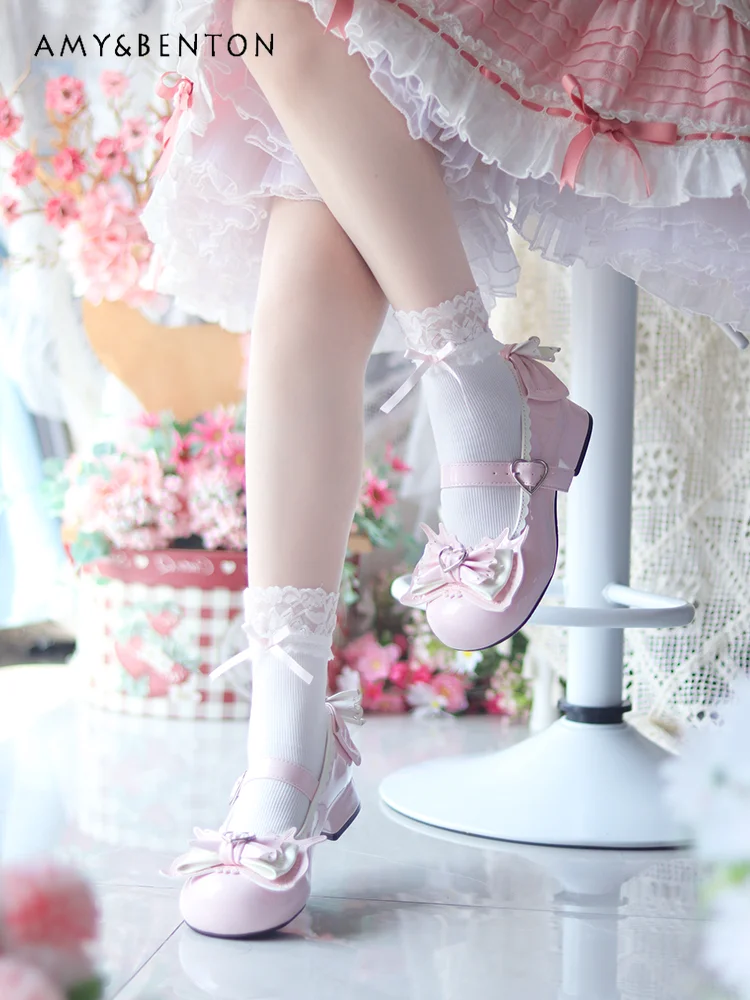 Scarpe Lolita Mary Jane giapponesi Scarpe da donna originali con fiocco dolce e carino con testa tonda e tacco basso Kawaii All Match Tacchi in pelle Pu da donna