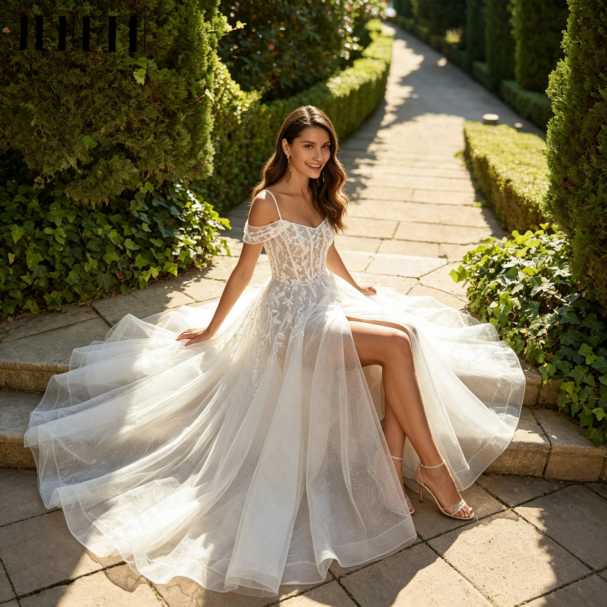 JEHETH Personalized Lace Bridal Gown Bodice High Side Split Court Train Wedding Dresses Elegant Off The Shoulder Sleeveless