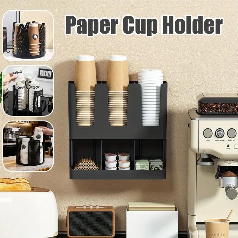 

360° Rotatable Cup Holder 4 Compartment Cup & Lid Dispenser Plastic Storage Organizer for Coffee Tea Home Kitchen Office Counter