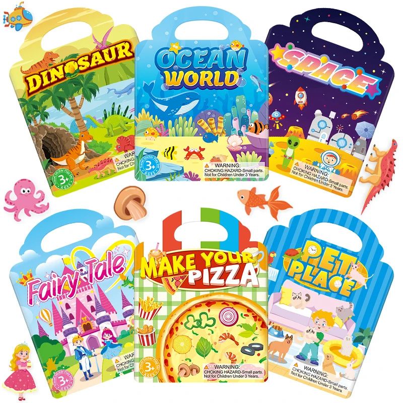 Set di 3 Libri di Adesivi Riutilizzabili per Bambini, Tema Animali e Oceano, Giocattolo Portatile Fai-da-Te, Regalo per Bambini
