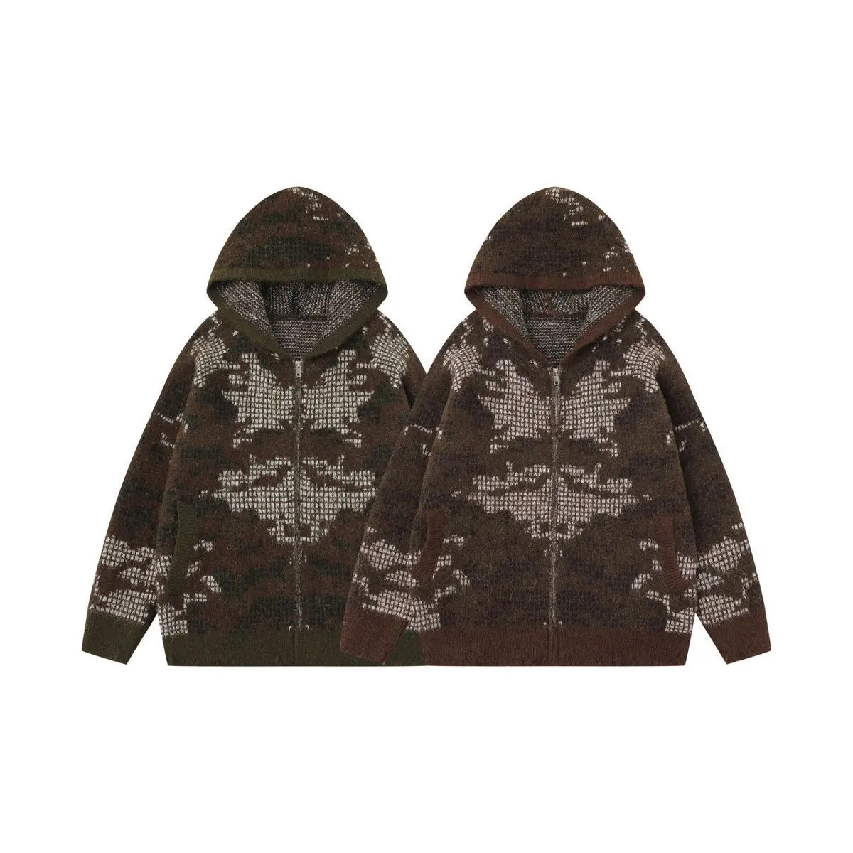 Men's Camouflage Jacquard Sweater Lapel Slim Fit Knitted Jacket Hooded Coat Autumn Winter New Arrival