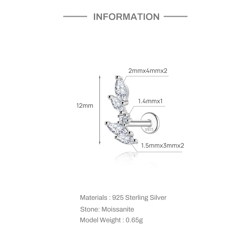 Aide S925 Sterling Silver Moissanite Silver Color Srud Earrings Women Heart Leaf Geometric DIY Ear Bone Sruds Piercing Jewelry view 2