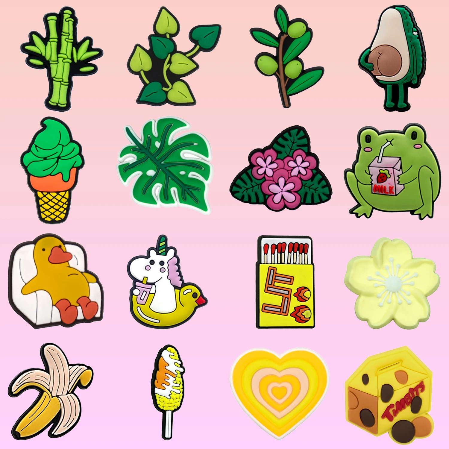

1/16pcs Avocado Banana Ice Cream Shoe Accessories Charms Duck Frogs Shoe Decoration for Sandals Flower Bamboo Fits All Clogs