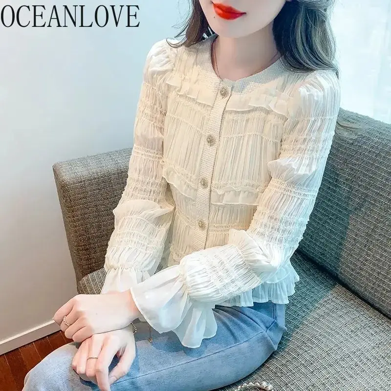 

OCEANLOVE Chiffon Blouses Ruffles Solid Spring Autumn Korean Fashion Sweet Women Shirts Elegant Chic Simple Blusas Feminina