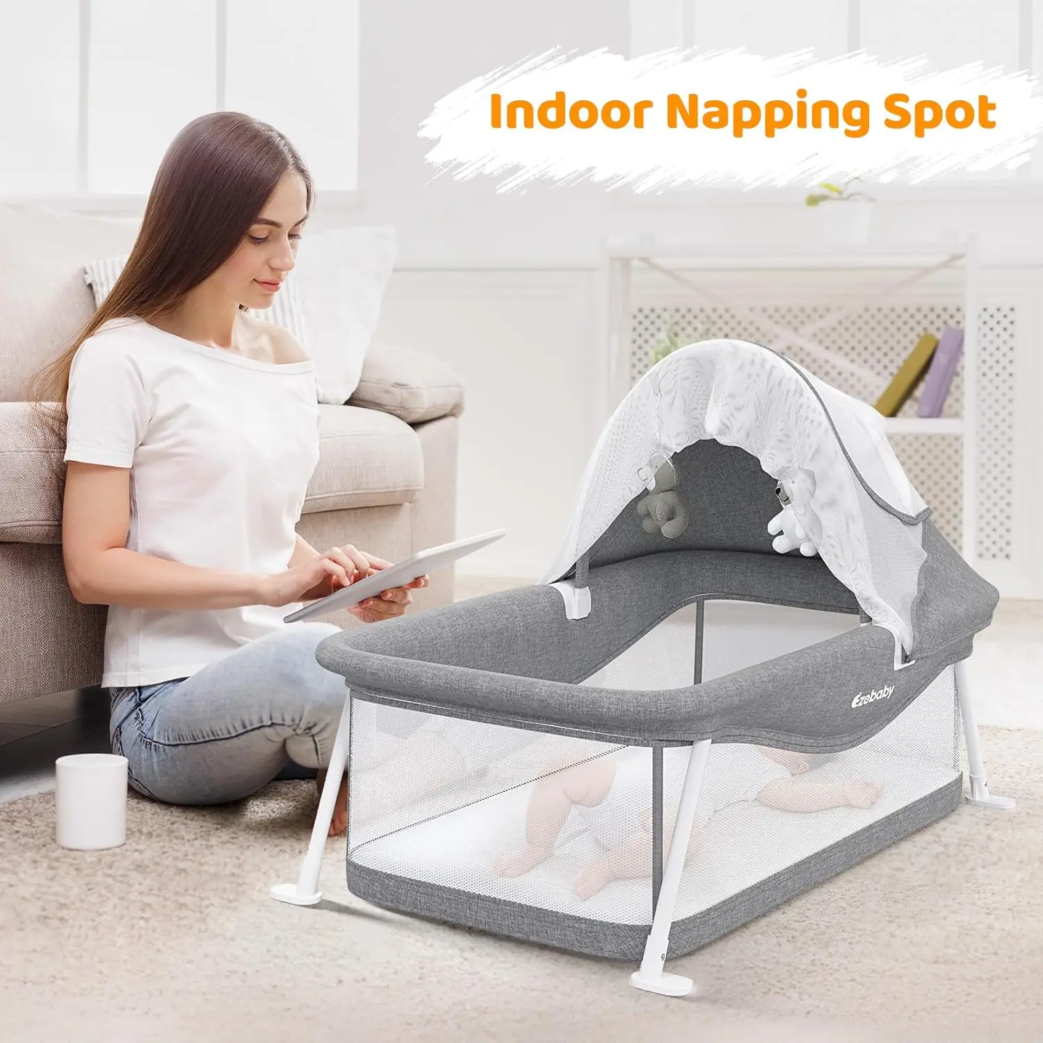 سرير سفر محمول من Ezebaby للأطفال من عمر 0 إلى 5 أشهر، سرير أطفال حديثي الولادة قابل للطي مع مرتبة مبطنة
