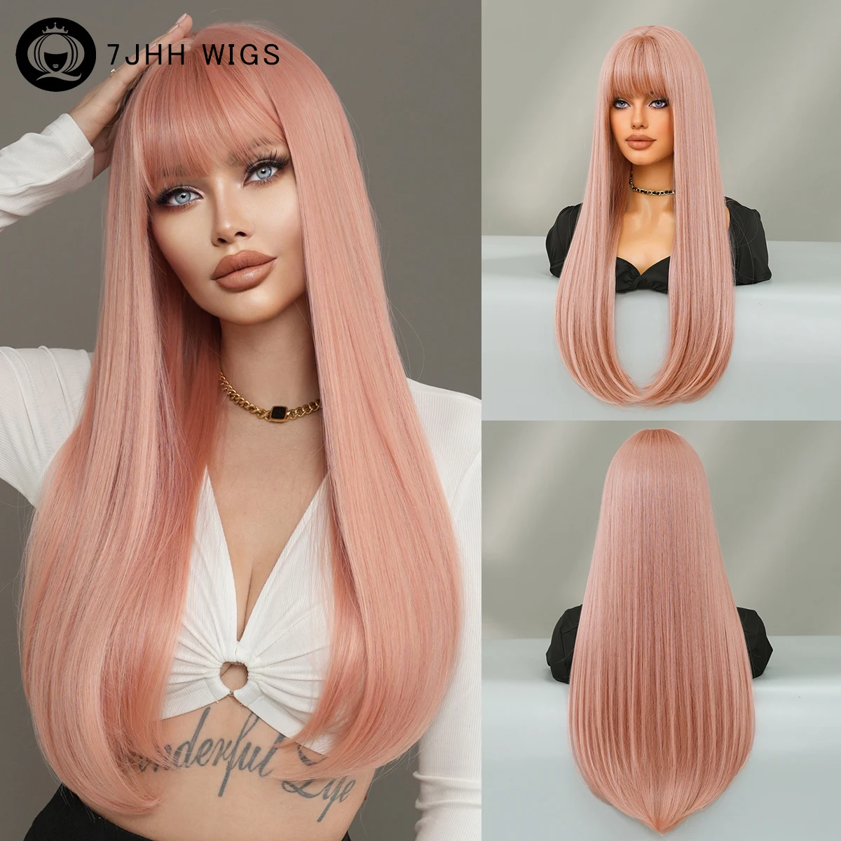 

7JHH WIGS Long Straight Orange Pink Wigs with Neat Bangs High Density Synthetic Layered Hair Wig for Women Daily Heat Resistant