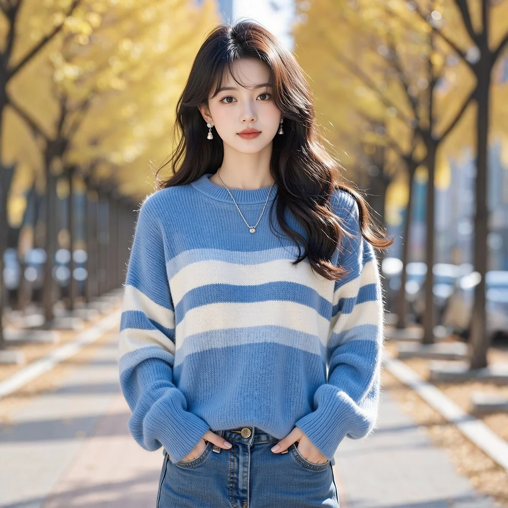 Maglione lavorato a maglia Donna Pullover Nuova manica lunga O-Collo Maglione lavorato a maglia a righe Pullover Donna Top Maglioni Sueters De Mujer Q1370