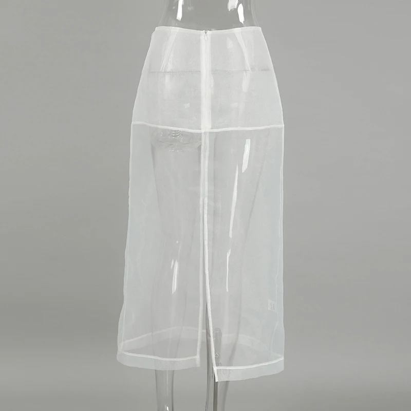 Sexy See Through Mesh Skirt Women White High Waist Slit Loose Long Skirts 2025 Summer Street Fashion Club Party Skirt Woman