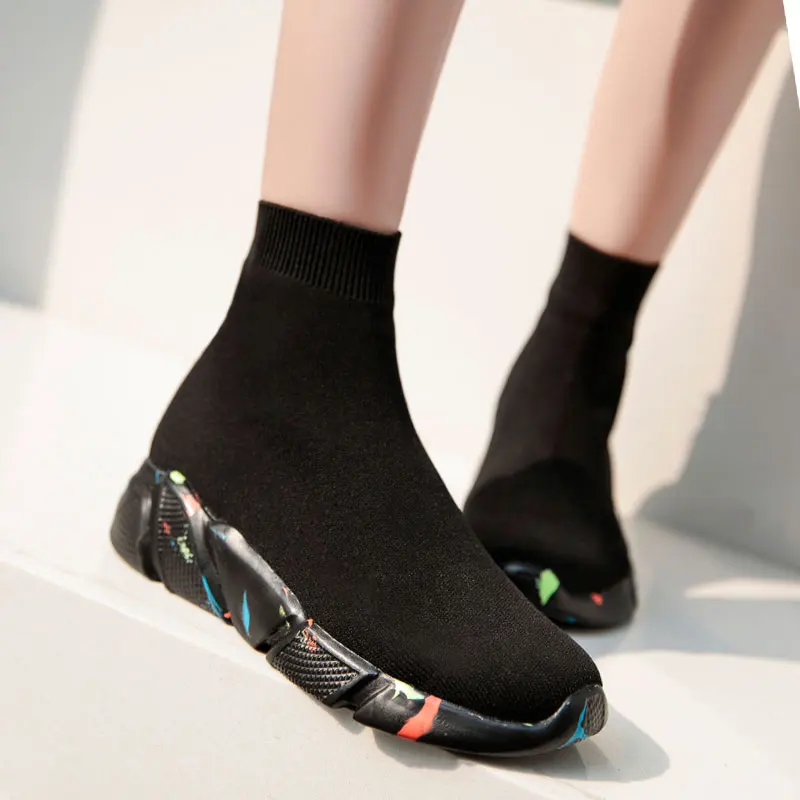 MWY Black Sneakers for Women Platform Vulcanized Shoes Female Socks Shoes Sports Trainers Men Slip-on Stretch Upper Size 35-47