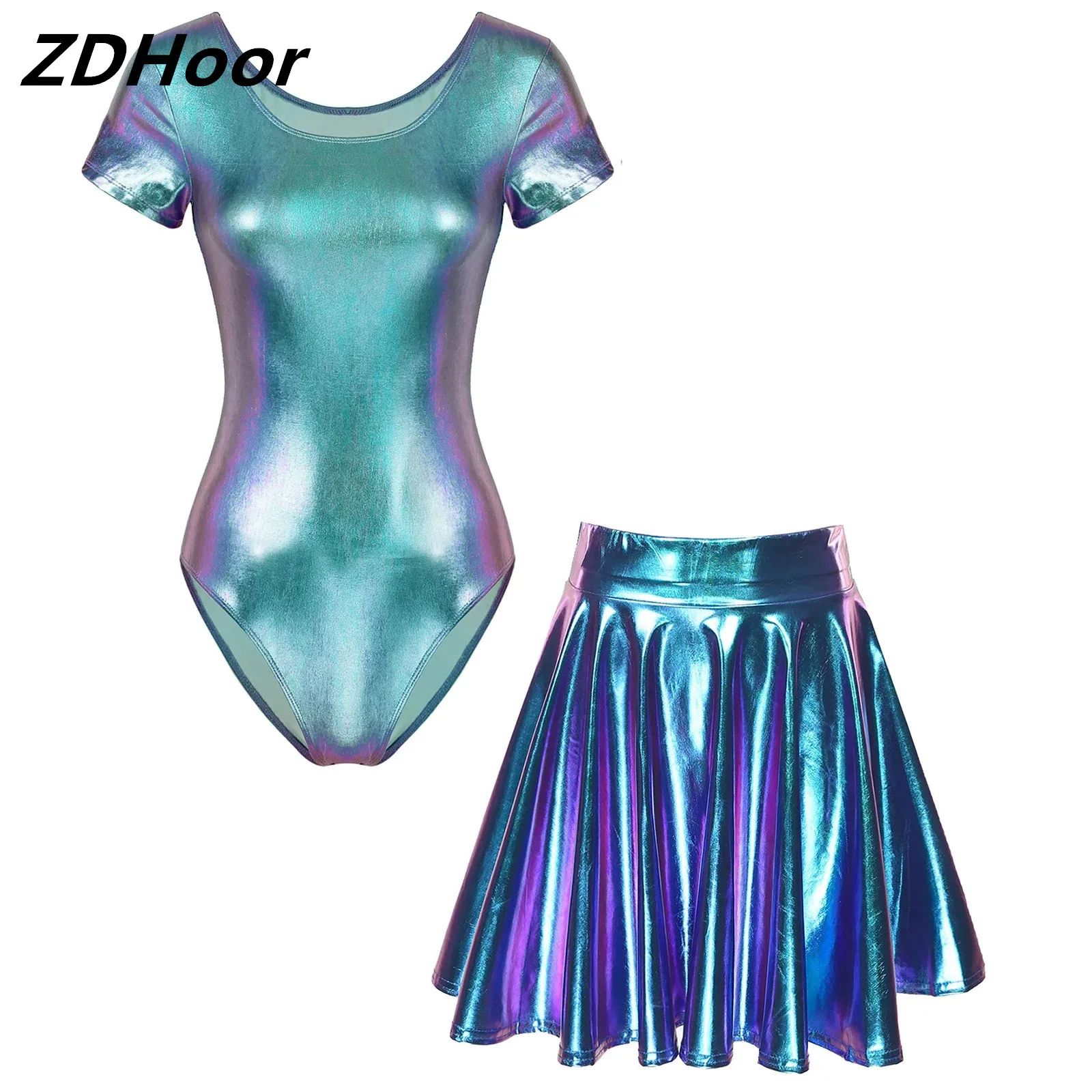 

Womens Metallic Bodysuit Party Set Short Sleeve Bodysuit with High Waist Flare Skirt for Party Club Bar