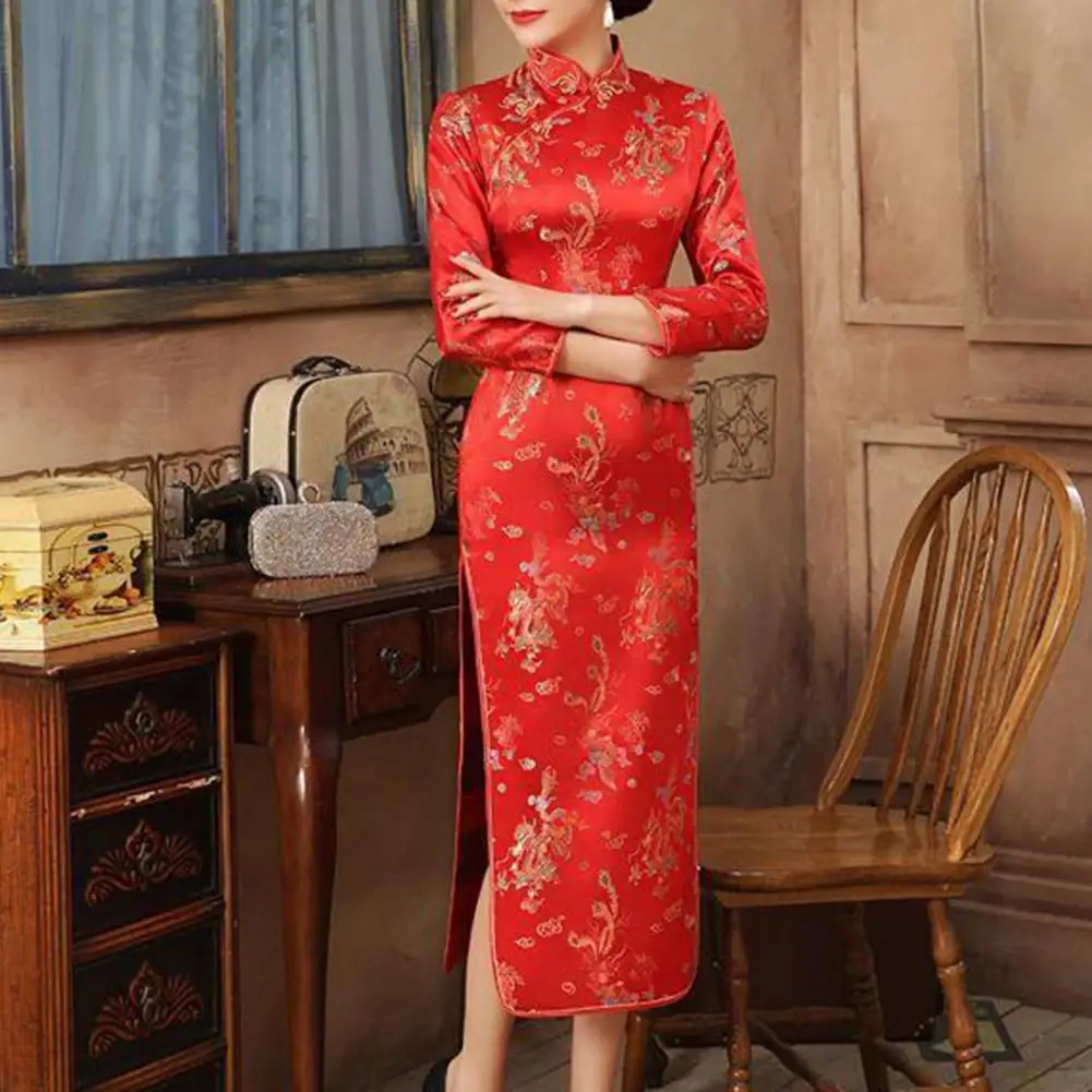 Long-sleeved Slim Fit Cheongsam Elegant Vintage Chinese Maxi Dress with Stand Collar Side Split Women's Traditional Qipao