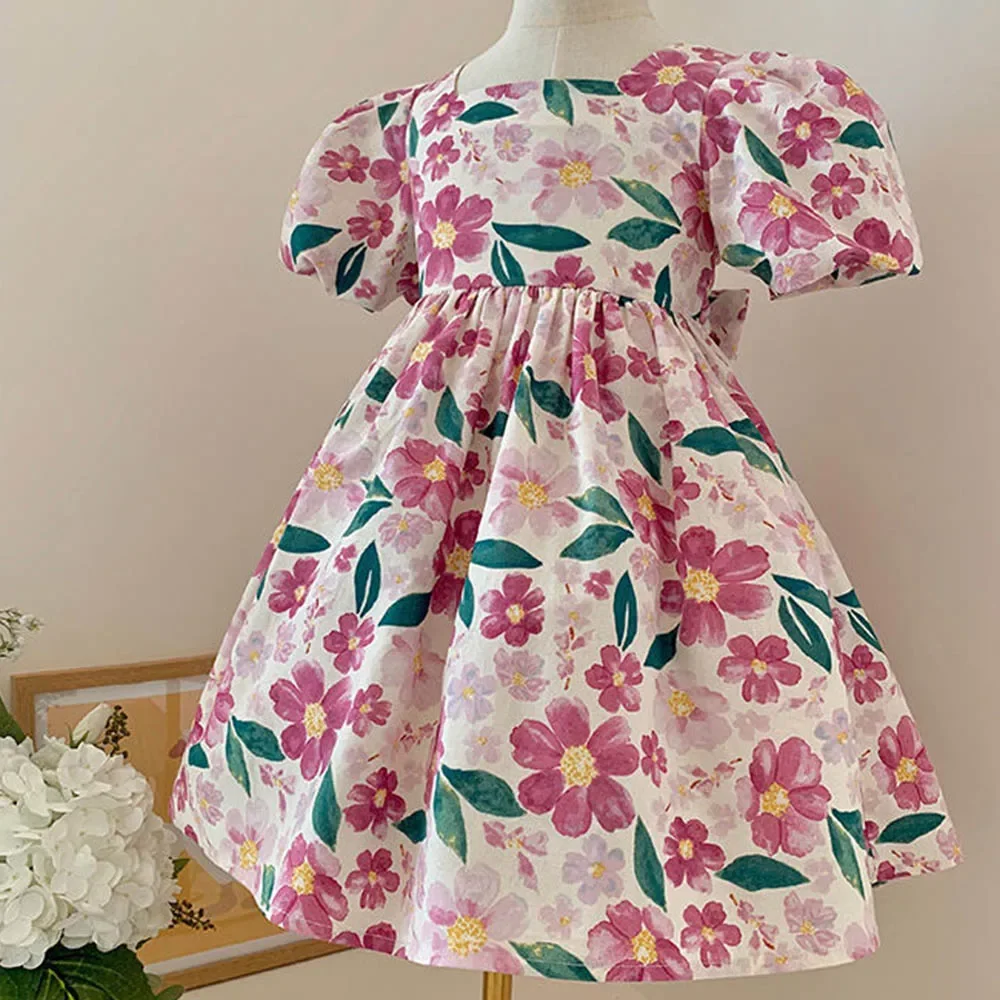 

Girls Dresses 2024 Summer New Kids Girls Puff Sleeve Floral Dress Fashion Dress Birthday Party Princess Dress Vestidos