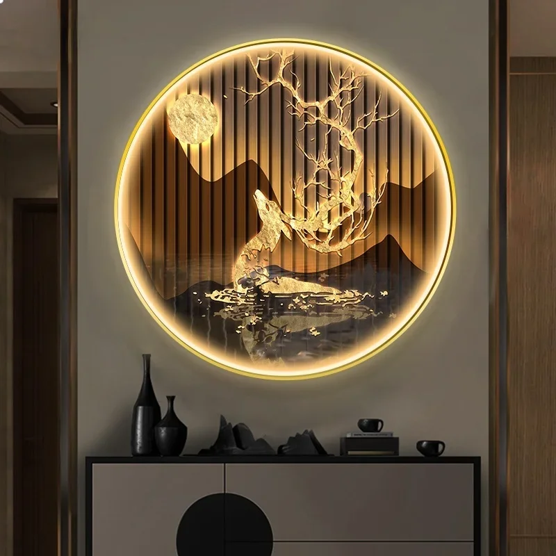 

New Chinese Style Wall Lamps Entrance Decoration Painting Circular Luminous LED Living Dining Room Corridor Studdy Mural Lights